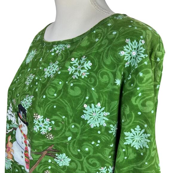 Collections Etc. Holiday Shirt Women Size XL Green Snowman Sequin Snowflake Top - Picture 2 of 12